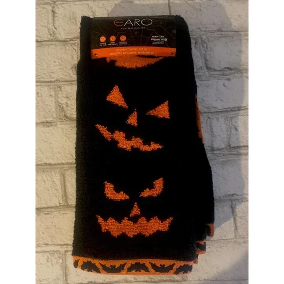 CARO Home Halloween Kitchen Towels Set of 3 Black Orange Witches NWT - Picture 1 of 4